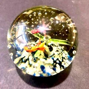Multi Bubbles Glass Paperweight  Two Gold Fish Sea weed Set In Ocean Rocks